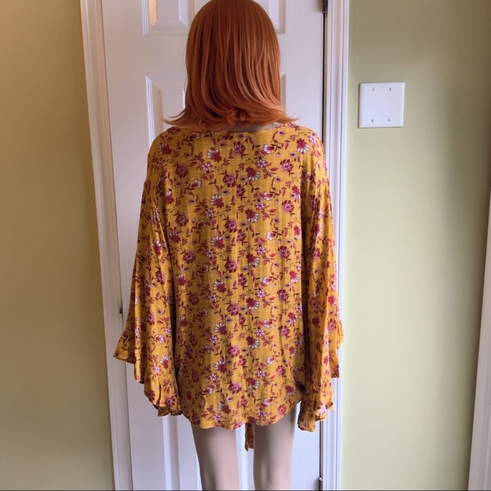 HPx2 Mustard Red Floral Tunic Relaxed Fit Ruffle Butterfly Sleeves Tie Waist SML - Picture 9 of 16
